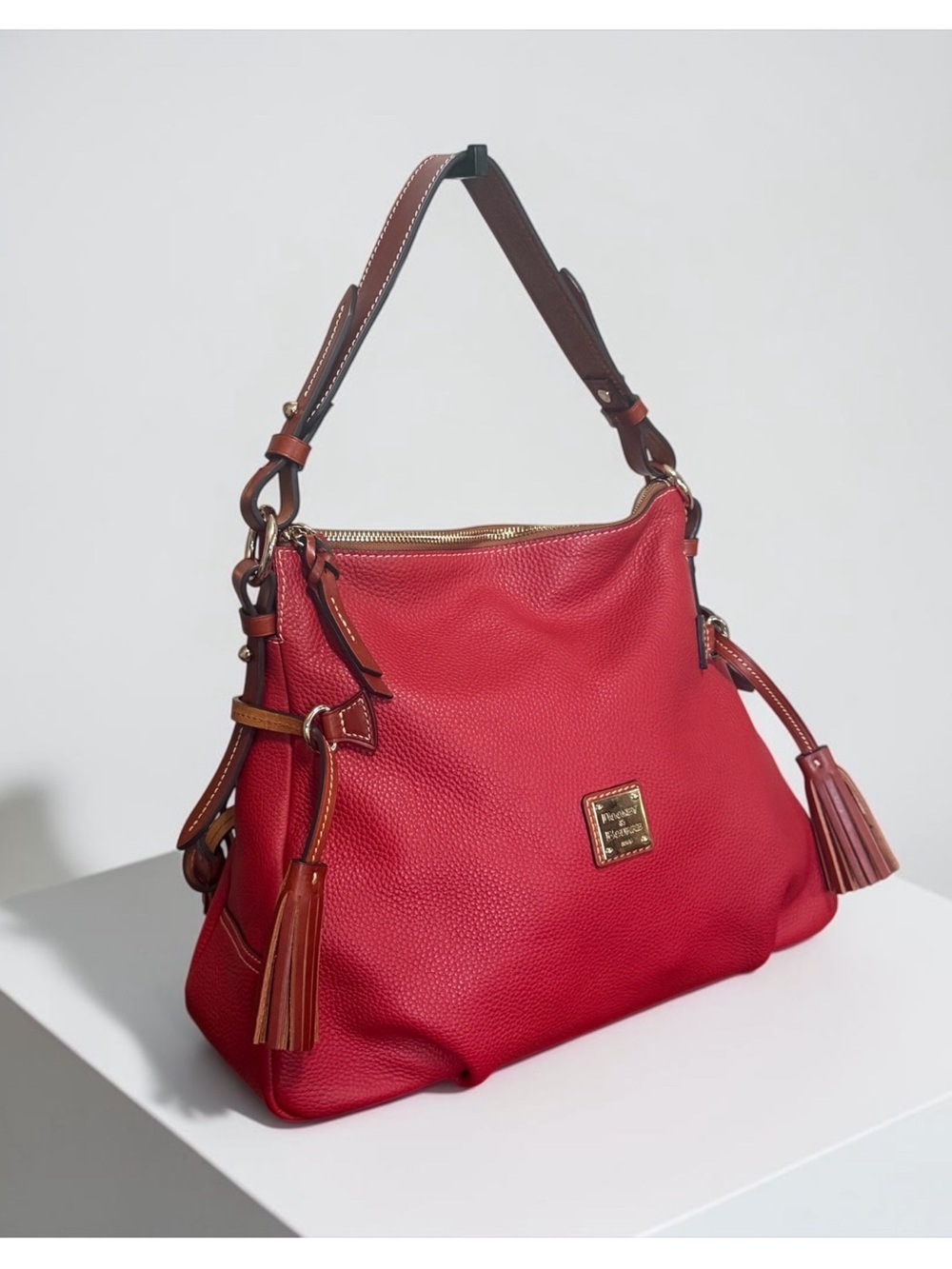 NWOT Authentic Dooney & Bourke Coral Red Leather Tassel Shoulder Hobo Bag - Picture 3 of 15